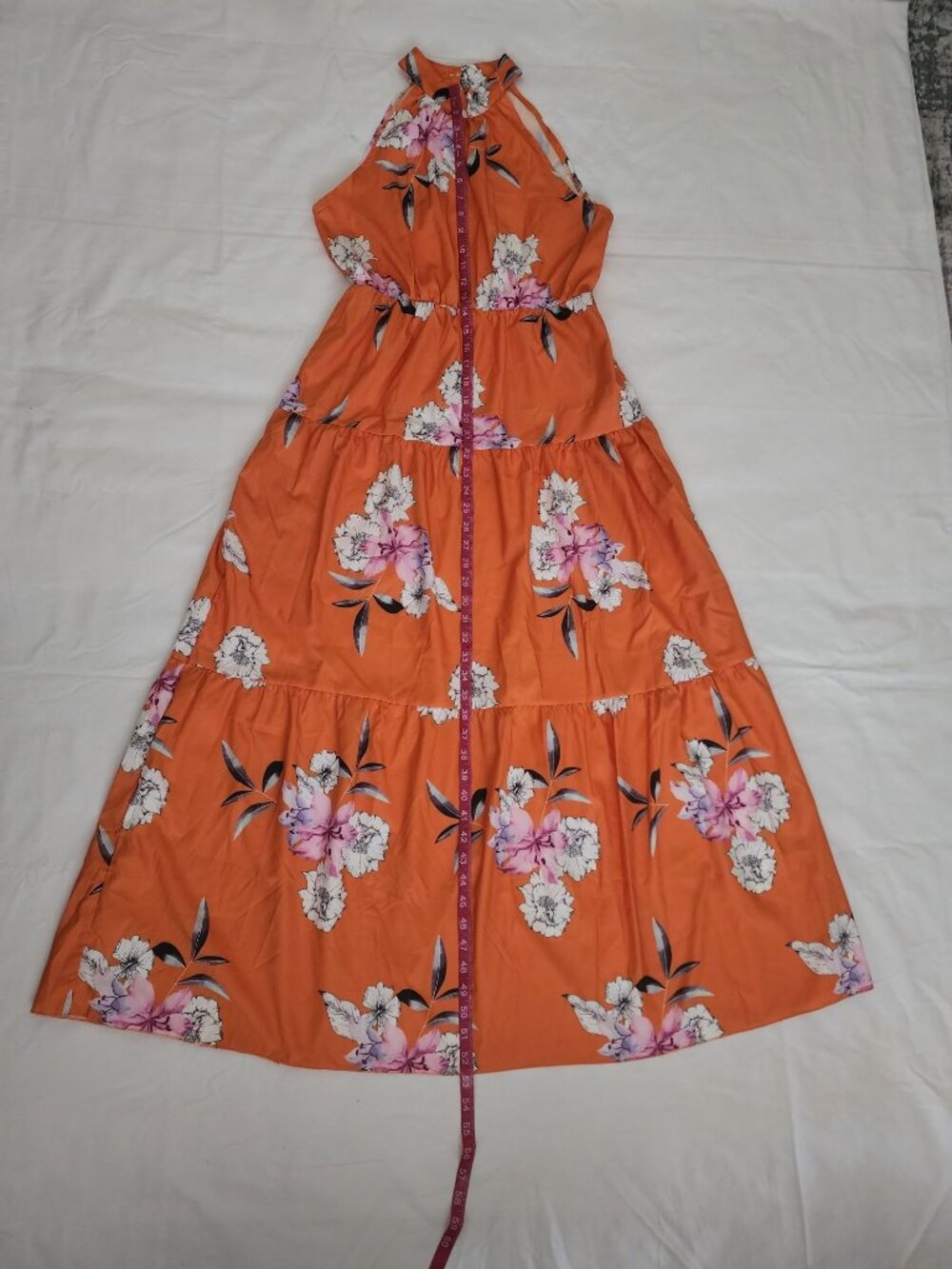 SHEIN Women's Floral Print Halter Long A-Line Dress Orange/Multi Size Medium‎ - Picture 11 of 11